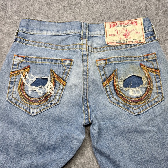 True‎ Religion Jeans Bobby Big T 31x33 Distressed Rips USA Made Denim Bootcut - Picture 11 of 15